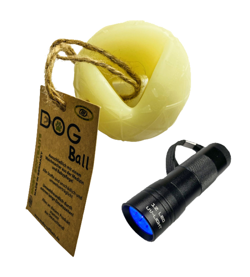 Self-luminous dog ball, incl. UV lamp for quick charging!